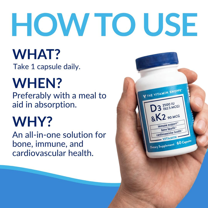 The Vitamin Shoppe Brand Vitamin D3 2500 IU & K2 90 MCG, 60 Capsules | Includes Calcium, D3, K2 & MK7 for Bone Health, Immune Support & Cardiovascular Health, Gluten Free