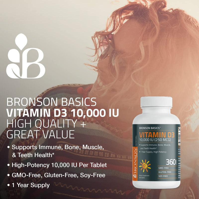 Bronson Vitamin D3 10,000 IU (250 MCG) 1 Year Supply for Healthy Muscle Function and Immune Support, Non-GMO, 360 Tablets Unflavored 360 Count (Pack of 1) - BeesActive Australia
