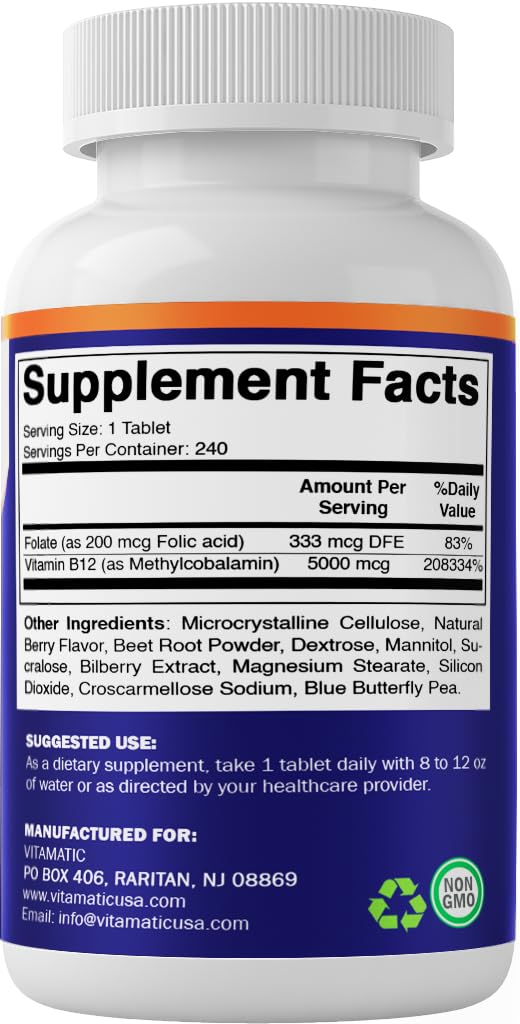 Vitamatic Methyl B12 5000 mcg with Folic Acid – Natural Berry Flavor – 240 Fast Dissolve Tablets – Methylcobalamin Vitamin B12 for Energy & Nervous System Support – Vegan & Non-GMO Supplement