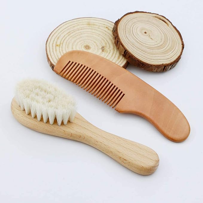 YideaHome Hair Brush, Baby Brush, Comb, Set of 2, Wooden Handle, Newborn, Hair Brush, Toddler Comb, Goat Hair, Natural Wood, Scalp Massage, Newborn, Baby, Baby Shower, Gift - BeesActive Australia