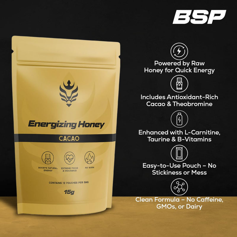 Benavidez Energizing Honey + Cacao Gel - 12 × 15 g Single-Serve Pouches | Raw Honey & 3.6 g Cacao with L-Carnitine, Taurine, B-Vitamins | Natural Endurance Fuel | Caffeine Free