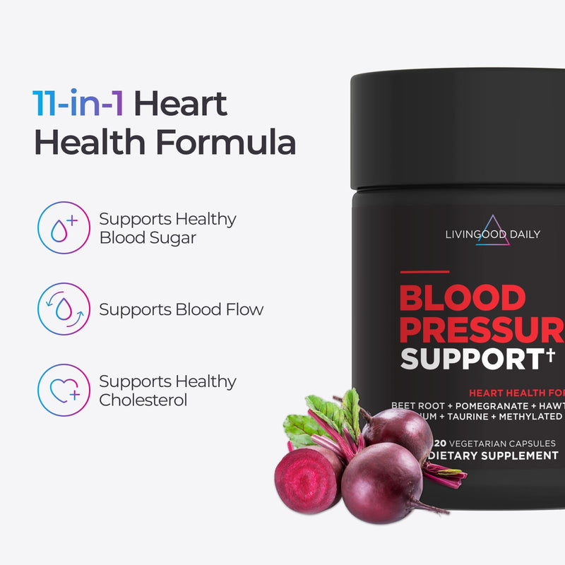Livingood Daily Blood Pressure Support, Heart Health Supplement, 120 Caps | 11-in-1 Blood Circulation Supplements, Beet Root, Hawthorn, Pomegranate, Magnesium, Taurine, Folate, Vegan, Made in USA