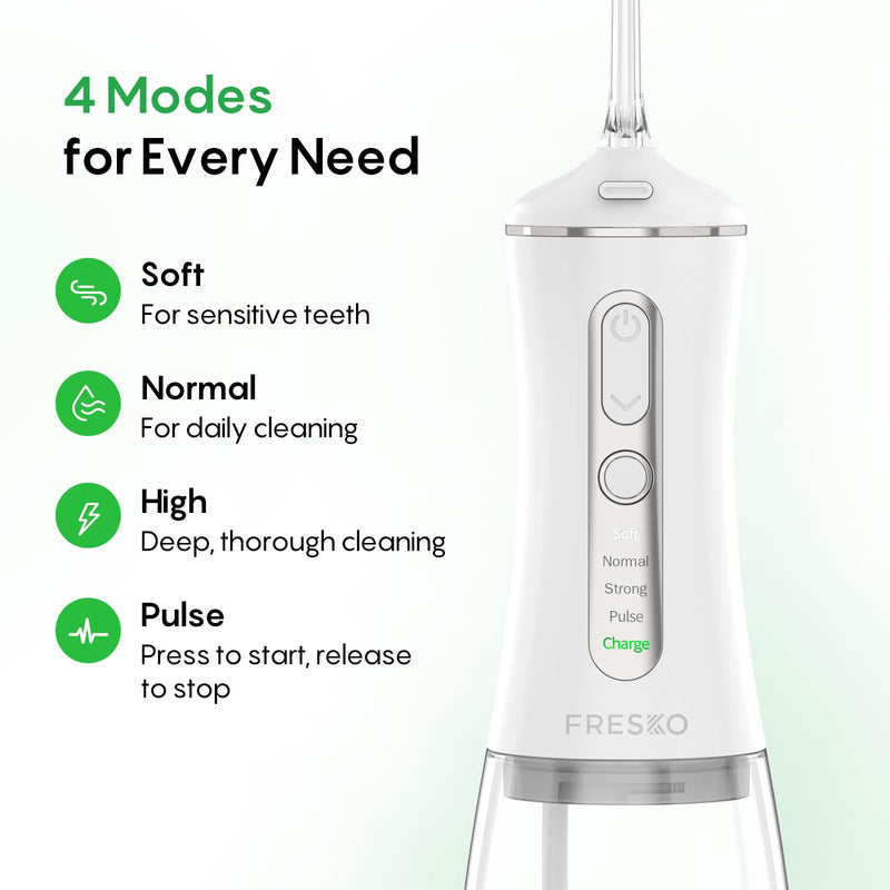 FRESKO Water Flosser with High Pulse & Constant Pressure Tech, Rechargable Oral Irrigator wih 10oz Water Tank, 2600mAh, IPX7, 4 Modes & 5 Tips for Travel