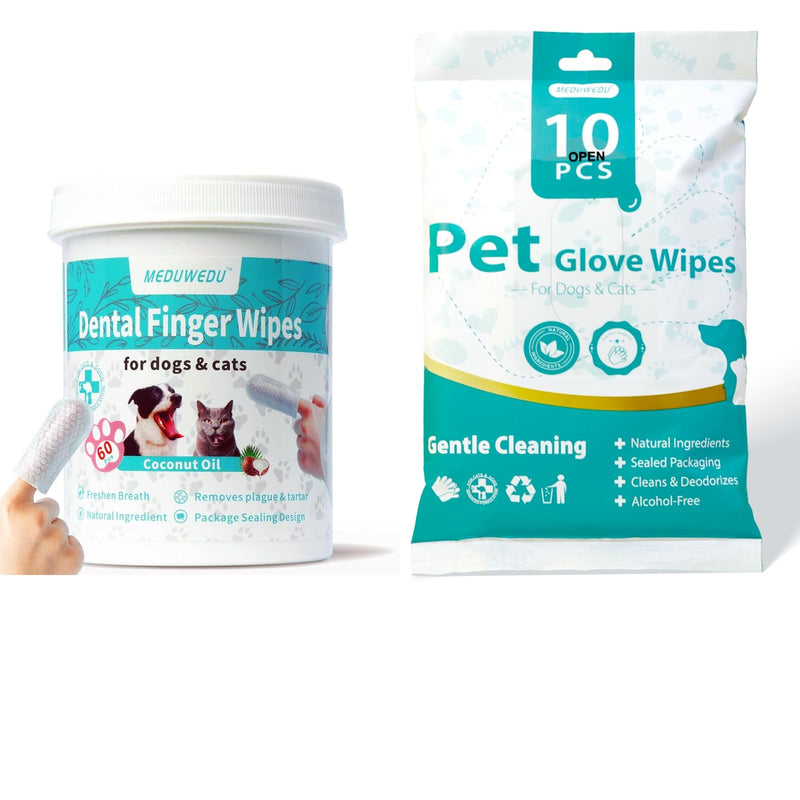 MEDUWEDU Coconut Daily Clean Kit – Dental Finger Wipes + No-Rinse Grooming Gloves