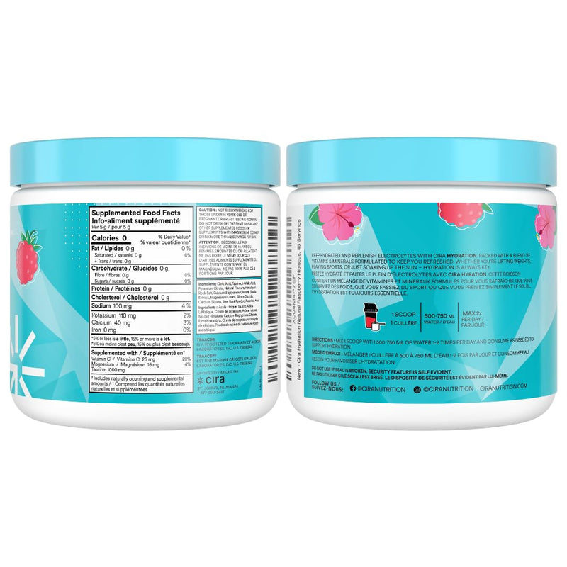 Cira Hydration Natural Powder (45 Servings) - Raspberry Hibiscus | Natural Electrolyte Powder & Drink Mix, Naturally Flavored & Sweetened with Stevia & Himalayan Salt 7.94 Ounce (Pack of 1)