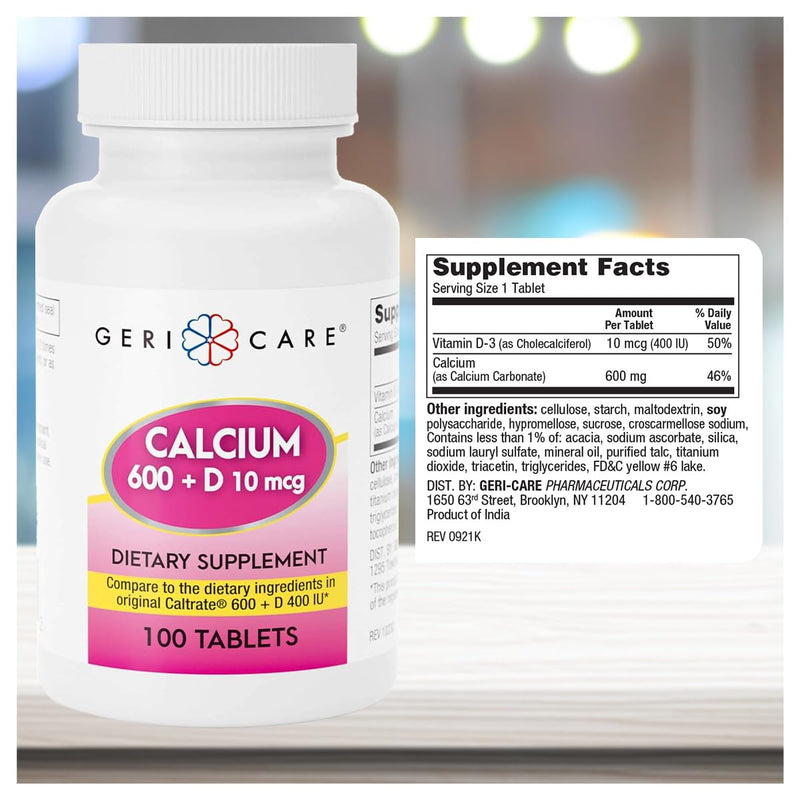 GeriCare Calcium 600mg, Vitamin D 10mcg (400 IU) Tablets, Supports Bone Health, Nutritional Supplement, 100 Count (Pack of 1) 100 Count (Pack of 1) Calcium 600mg - Vitamin D 10mcg