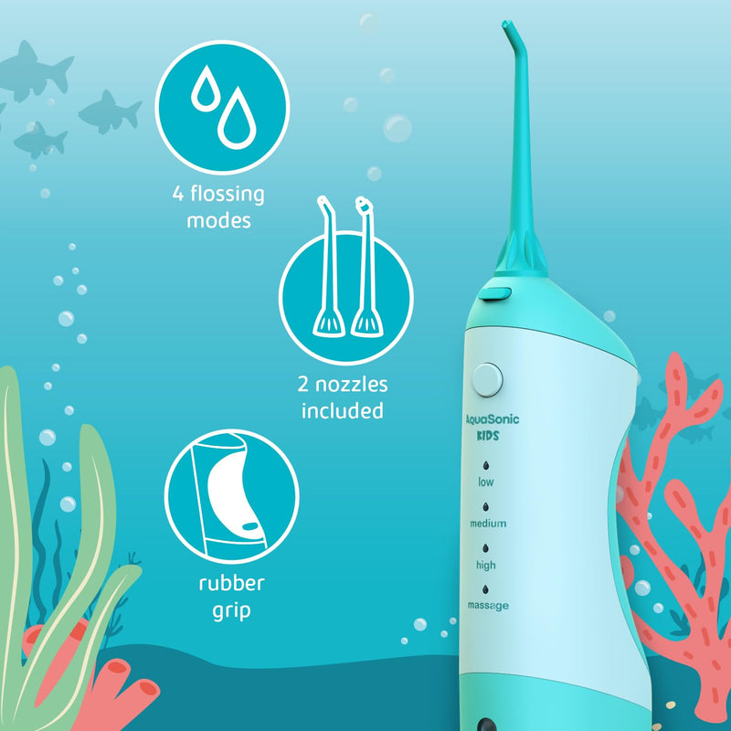 AquaSonic Kids' Water Flosser for Ages 6+ | Standard Nozzle, Orthodontic Nozzle & Waterproof Stickers | 4 Flossing Modes | Aquarium Adventures Theme (Blue) Blue