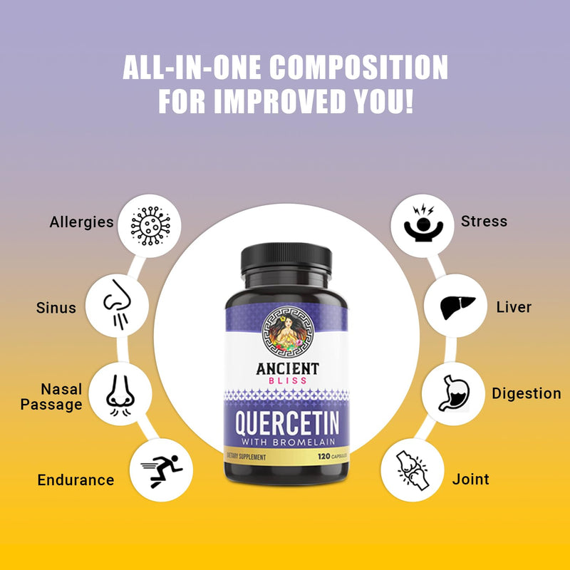 Ancient Bliss Quercetin with Bromelain | Quercetin 1000mg Bromelain 200mg per Serving | Supports Immune System, Joint Health, Respiratory Health & Overall Well-being – 120 Capsules 120 Count (Pack of 1) - BeesActive Australia