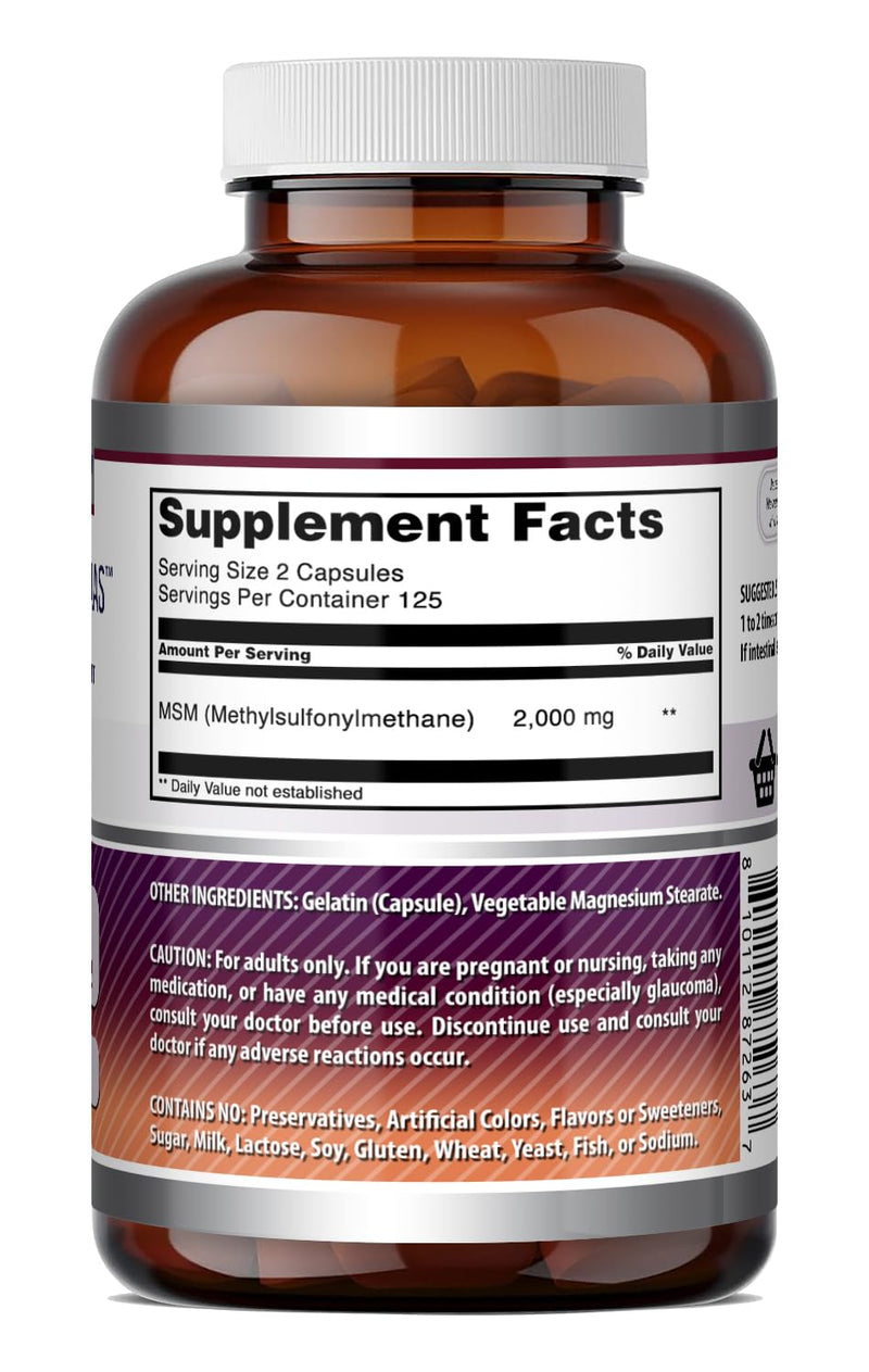 Amazing Formulas MSM (Methylsulfonylmethane) Supplement | 2000 Mg Per Serving | Capsules | Non-GMO | Gluten Free | Made in USA (250 Count | 1 Pack) Unflavored