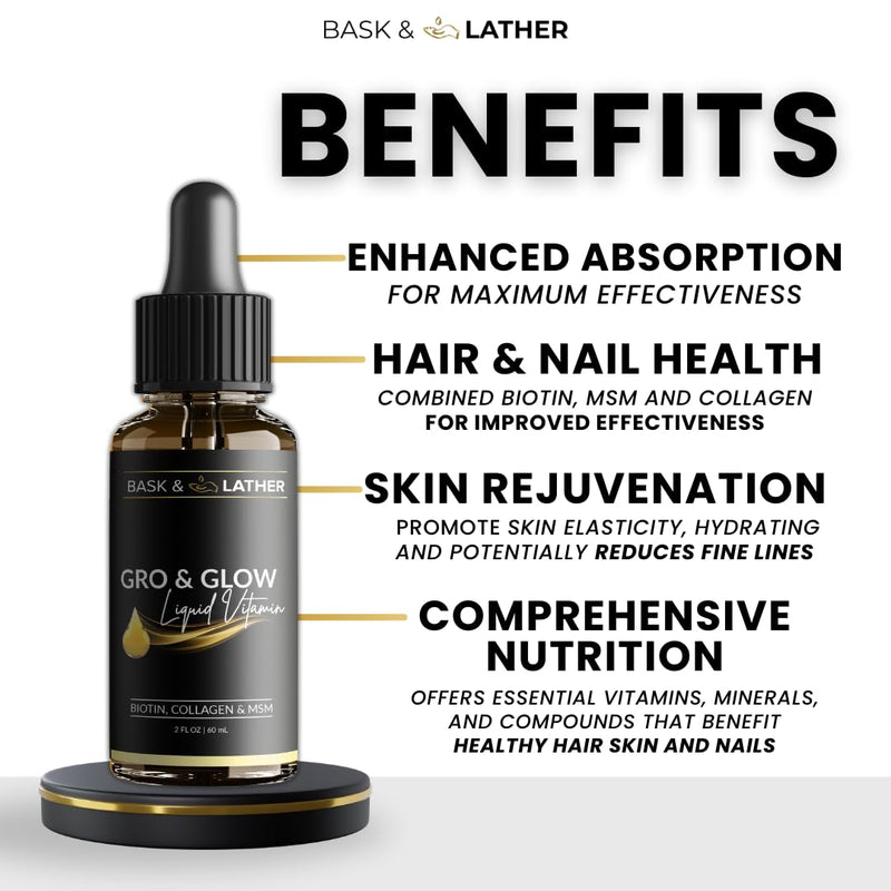BASK & LATHER GRO & Glow Liquid Vitamin, Liquid Collagen for Women, Natural Ingredients with Collagen, Biotin, Msm, Beauty Supplement, Helps Support Healthy Hair, Skin & Nails, Cherry Flavor, 2 FL Oz