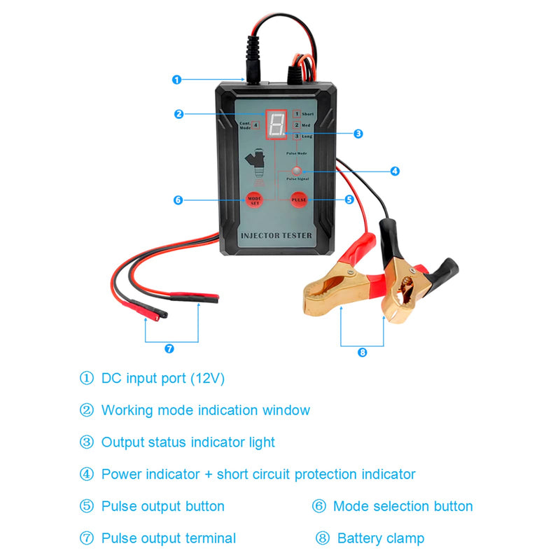 Shkalacar Fuel Injector Tester and Adapter Pulse Tester Cleaner for Diagnosis Cleaning of Injectors DIY Diagnostic Tool Cleaning Kits 12V/5V Switchable Short-Circuit Protection