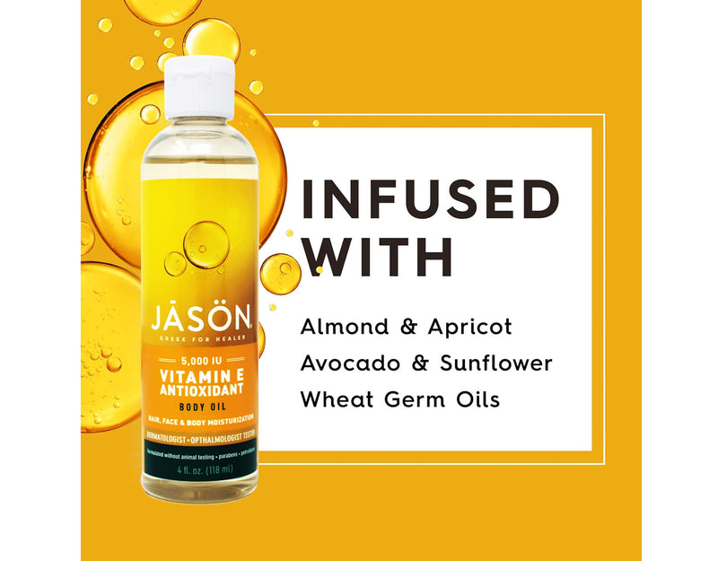 JASON Vitamin E 5,000 IU All Over Body Nourishment Oil, 4 oz. (Packaging May Vary) Almond,Apricot 4 Fl Oz (Pack of 1)