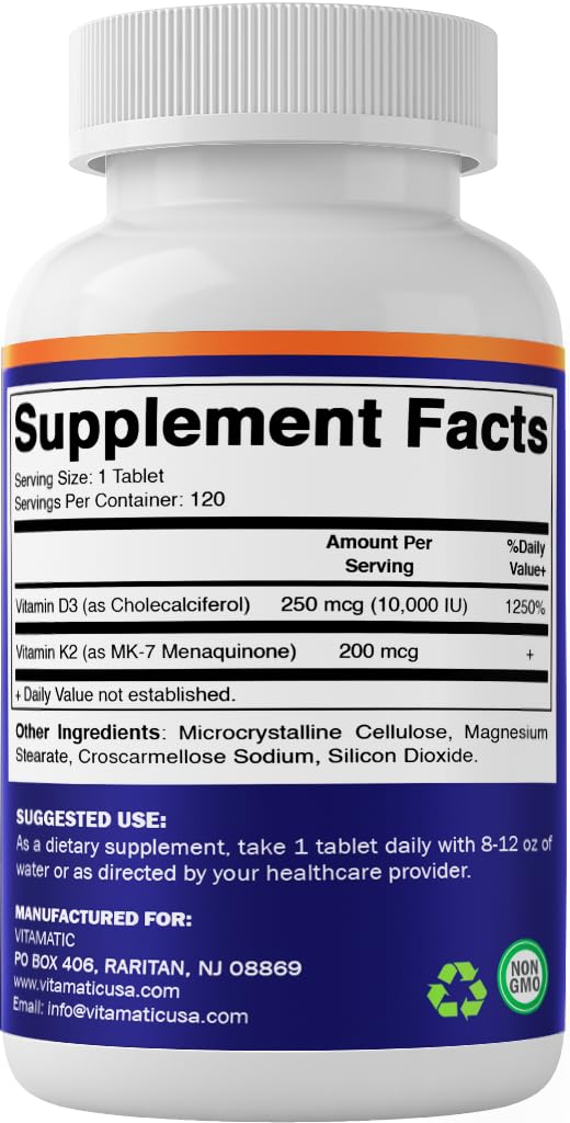 Vitamatic Vitamin D3 K2 Supplements with 10,000 IU Vitamin D + 200mcg Vitamin K MK-7, 120 Tablets Bone, Heart, Immune, & Calcium Support 120 Count (Pack of 1)