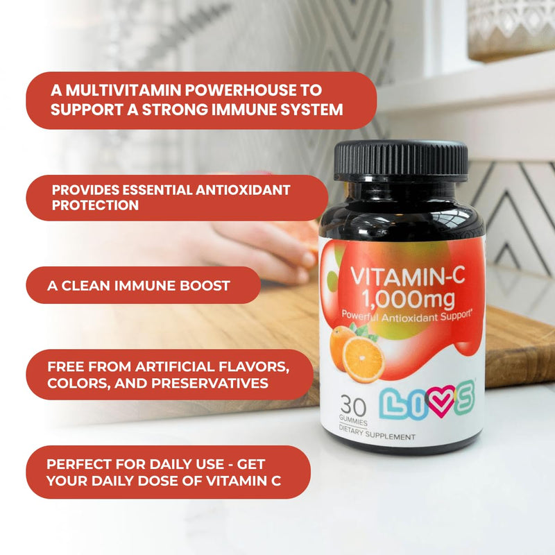 Vitamin C 1000mg Gummies for Kids & Adults |Antioxidant & Immune Support Supplement | Vegan Multivitamin for Hair, Skin & Nails | Non-GMO, Gluten-Free, Gelatin-Free Chewable 1000mg Per Serving 30 Ct 1000MG Vitamin C 30 Count (Pack of 1)