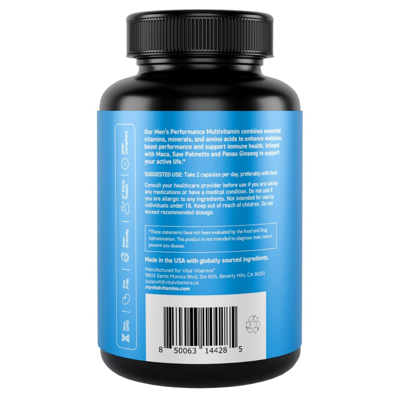 Vital Vitamins Men's Multivitamin Complex for Vitality & Performance | Complete Multivitamins with Essential Amino Blend, Maca Root, Saw Palmetto & Panax Ginseng, 60 Capsules