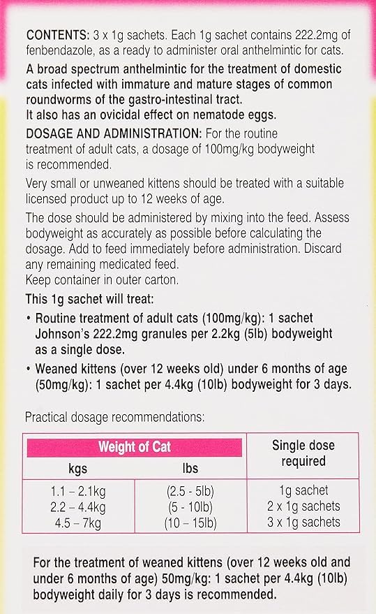 Easy Round Wormer Granules for Cats & Kittens - Cat Worming Treatment for Roundworms by Johnson's Veterinary | Suitable for Cats Over 12 Weeks | 2 Boxes - 6 Sachets
