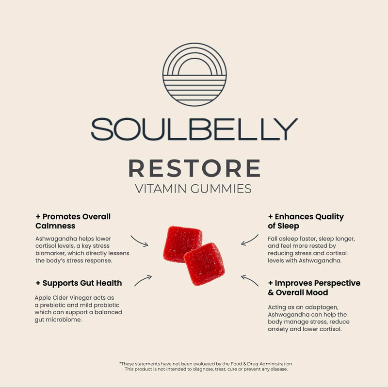 SOULBELLY Ashwagandha + Apple Cider Vinegar Restore Vitamin Gummies for Stress Relief, Gut Support and Better Sleep | Vegan | Gluten-Free | Non-GMO | 60 Count