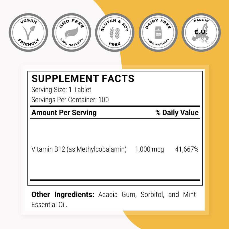 Supersmart - Methylcobalamine B12 1000mcg / 1mg per Day (Effective Dosage) - Sublingual Methylcobalamine - Peppermint Flavor - Vitamin B12 Supplement | Non-GMO & Gluten Free - 100 Sublingual Tablets
