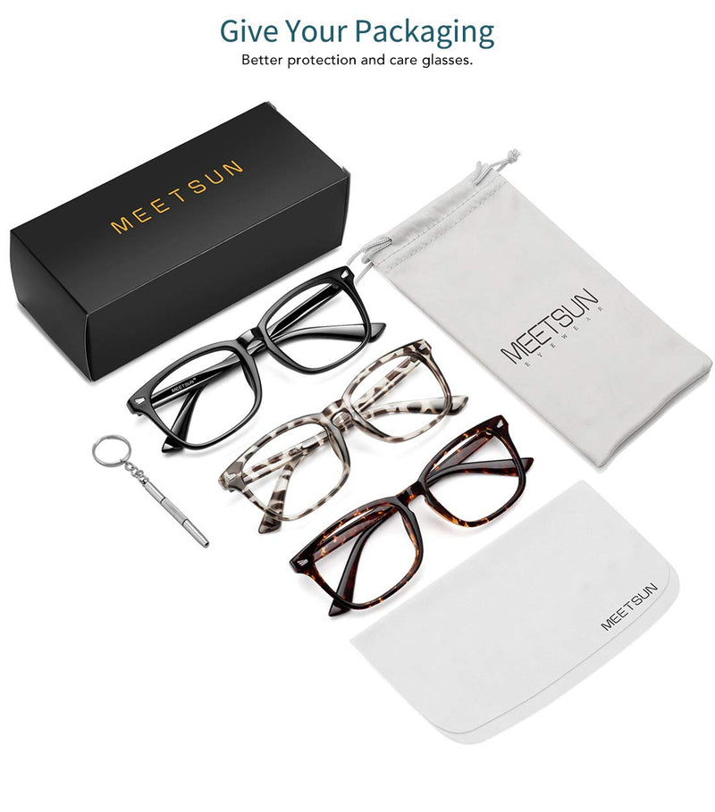 MEETSUN Blue Light Blocking Glasses, Anti Eye Strain Headache (Sleep Better),Computer Reading Glasses UV400 Transparent Lens (Black+Leopard+Tortoise, 53) 3 Pack Black+leopard+tortoise - BeesActive Australia