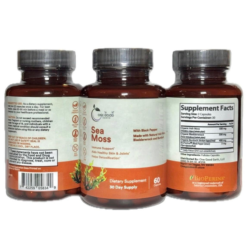 Sea Moss (60 Capsules) with 1405mg of Irish Moss Bladderwrack Burdock Black Pepper Extract Calcium Magnesium Potassium Zinc Selenium Iodine with Vitamins A, B2, C, B9 and K