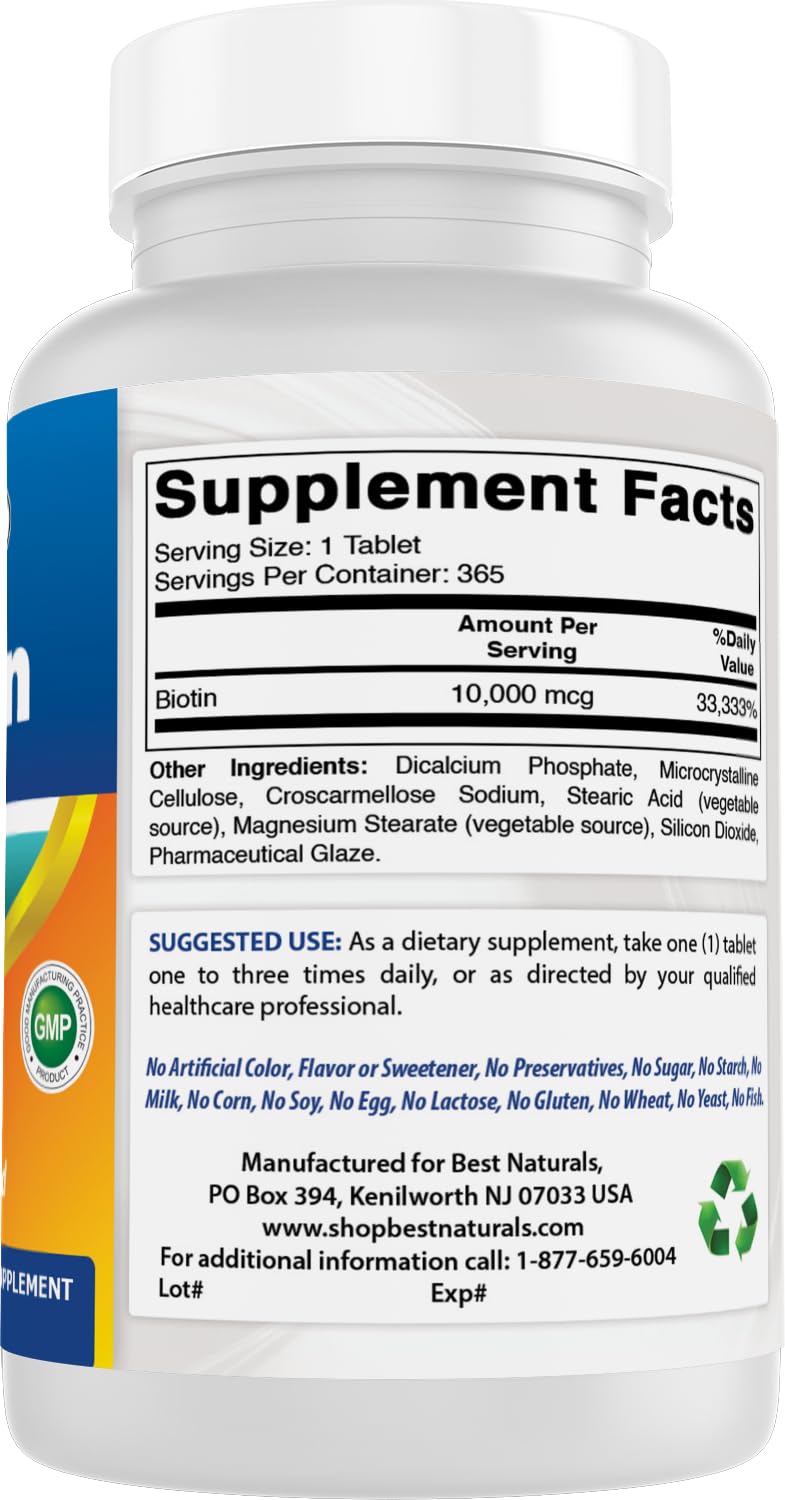 Best Naturals Biotin (Also Called Vitamin B7), 10,000 mcg 365 Tablets (365 Count (Pack of 2)) 365 Count (Pack of 2)
