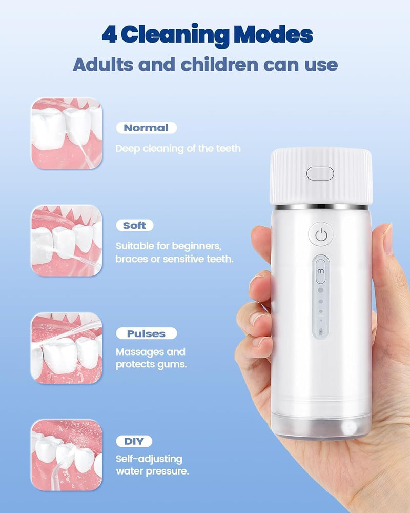 FERRISA Portable Cordless Water Flosser Rechargeable, Detachable Water Tank, Water Dental Flosser with 4 Refill Heads, 4 Modes & Ipx7 Waterproof, Travel Water Flosser for Braces, Teeth Care White