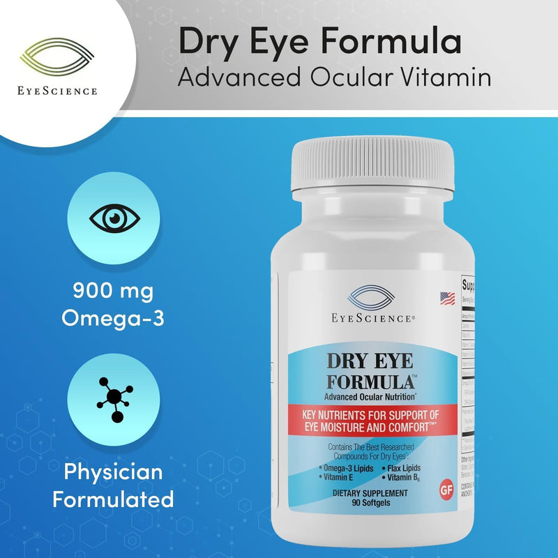 EyeScience - Dry Eye Formula - 90 Softgels - for Relief, Omega-3, Vitamins E, C & B6, Magnesium - Tear Production & Lasting Comfort - 2 Pack 90 Count (Pack of 2)