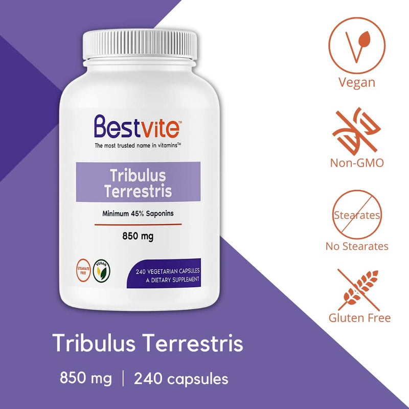 BESTVITE Tribulus Terrestris 850mg per Capsule (240 Vegetarian Capsules) - Standardized Extract - Min 45% Saponins - No Stearates - No Silicon Dioxide - No Fillers - Vegan - Non GMO - Gluten Free 240 Count (Pack of 1) - BeesActive Australia