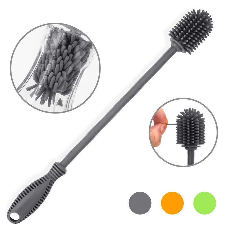 Silicone Bottle Cleaning Brush with Long Handle, 12.5" Water Bottle Cleaner for Baby Bottles, Hydro Flask, Sports Bottle, Vase, Glassware, Perfect for Smaller Diameter Bottle Openings (One Pack) Gray - BeesActive Australia
