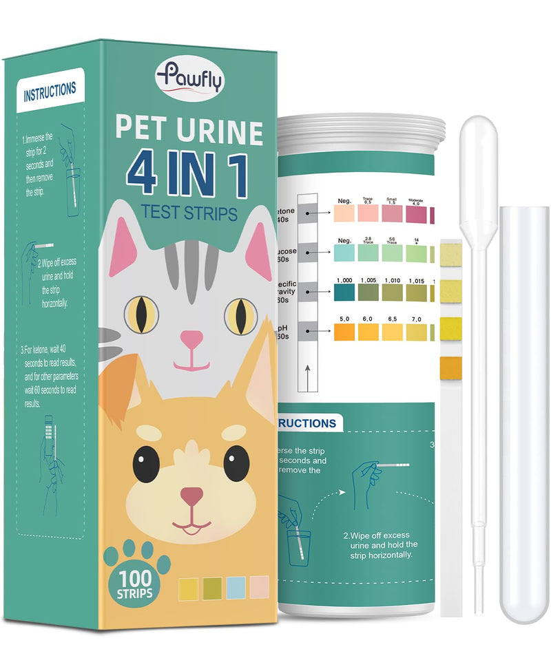 Pawfly Urine Test Strips, 100 Strips, Pet Urine Testing Strips for Ketone, Glucose, Specific Gravity & pH, Urinalysis Test Strips for Vets 4 in 1