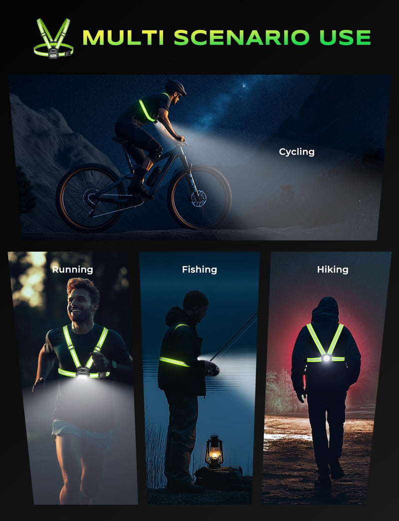 500LM High-Visibility Running Lights for Runners with 7 Modes, Adjustable 45° Beam, 360° Reflective Vest & IPX4 Waterproof Running Vest Headlamp for Night Walking/Cycling, 3.5-20Hrs Runtime - BeesActive Australia
