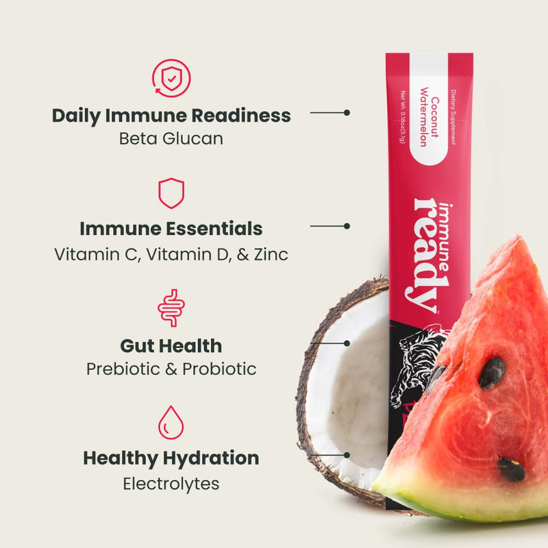 Immune Ready™ Electrolytes Powder Packets – Vitamin C Immune Support Drink Mix with Zinc, D3 & Beta Glucan – Low Sugar Hydration, Delicious Coconut Watermelon Flavor 0.2 Ounce (Pack of 15)