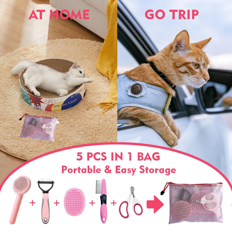 Cat Brush Grooming Kit 5pcs - Cat Brushes for indoor Cats, Cat Brush for Shedding for Long Haired Cats, Pet Self Cleaning Kit, Cat Brush for Matted Fur Hair with Flea Comb Set Pink - BeesActive Australia