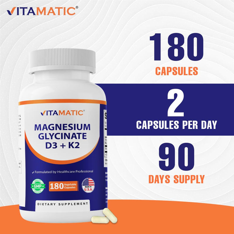 Vitamatic Magnesium Glycinate 200 mg (Elemental) with Vitamin D3 5000 IU & K2 200 mcg – High Absorption Bone, Muscle & Heart Support – 180 Veg Capsules – Non-GMO – Made in USA