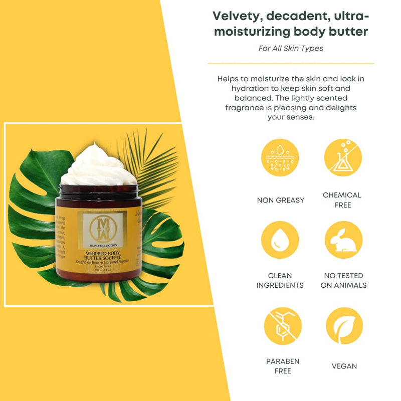OMM Collection Natural Whipped Body Butter Soufflé For Dry & damaged Skin - Whipped Shea Butter with Vitamin E & A, coconut oil, Mango Butter & Cacao Butter - Hydrating & Moisturizing Shea - Vegan Cacao Fonce