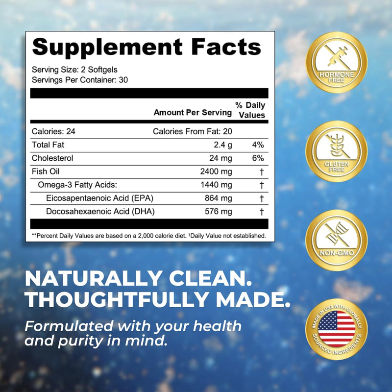 VITAL NUTRITIVE Omega 3 Fish Oil 2400mg - 864mg EPA 576mg DHA Brain & Heart | 1440mg Total Omega-3 Fatty Acids, for Women & Men, Brain & Heart Health, Lemon Taste, Gluten&Sugar Free, Non-GMO, 30 Days 60 Count (Pack of 1)