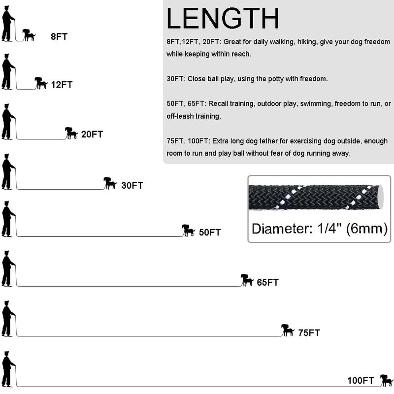 Long Leash for Small Dogs, 8FT/12FT/20FT/30FT/50FT/65FT/75FT/100FT Reflective Rope Training Lead Removable Padded Handle, Double Snaps Dog Tether for Outside Playing Camping Running Backyard 12FT Black - BeesActive Australia