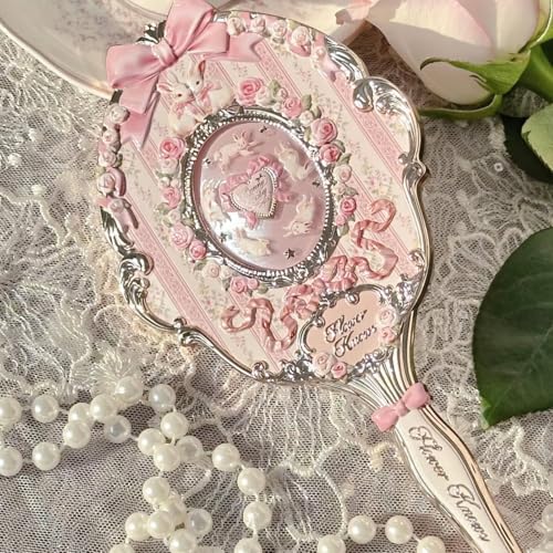 Flower Knows Bunny Garden Hand Mirror, Pink Decorative Makeup Mirror Bunny Garden-rosette Pink 8.4"L x 4.2"W
