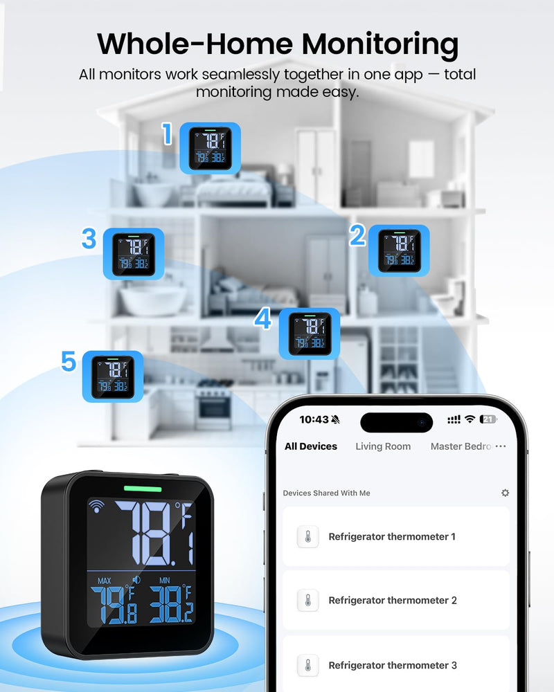 WiFi Refrigerator Thermometer with Freezer Alarm, Digital Fridge Temperature with App Alert, Loud Buzzer & Indicator Alarm, 1-Year Data Export, Freezer Monitor for Kitchen Fish Tank Hot Tub - BeesActive Australia