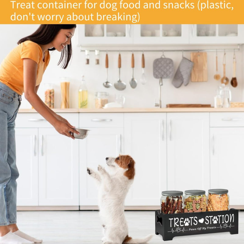 Dog Treat Container,Airtight Dog Food Storage Container with 3 Jars, Farmhouse Wood Dog Treat Jars, Pet Food Storage Containers for Dog, Cat or Small Animals(Black) - BeesActive Australia