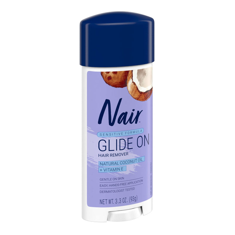 Nair Sensitive Formula Glide On Hair Removal Cream, 3.3 Oz | Sensitive Formula, Leg & Underarms Hair Removal, Hands-Free Applicator, Dermatologist-Tested, Coconut Oil & Vitamin E 3.3 Ounce (Pack of 1)