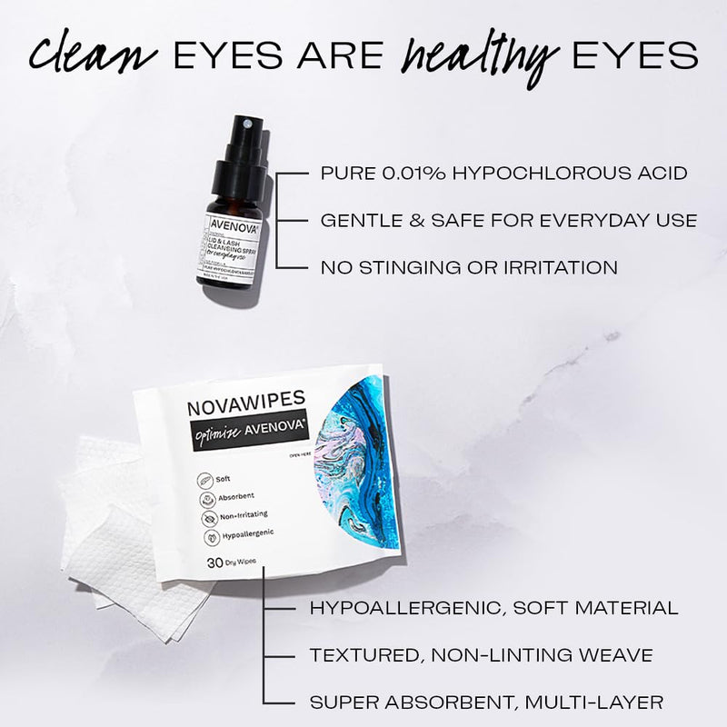 Avenova Eyelid and Eyelash Cleanser Spray with 30 Dry Wipes - Gentle Everyday Hypochlorous Acid Lid and Lash Cleansing Spray for Clearer and Healthier Eyes, 20mL