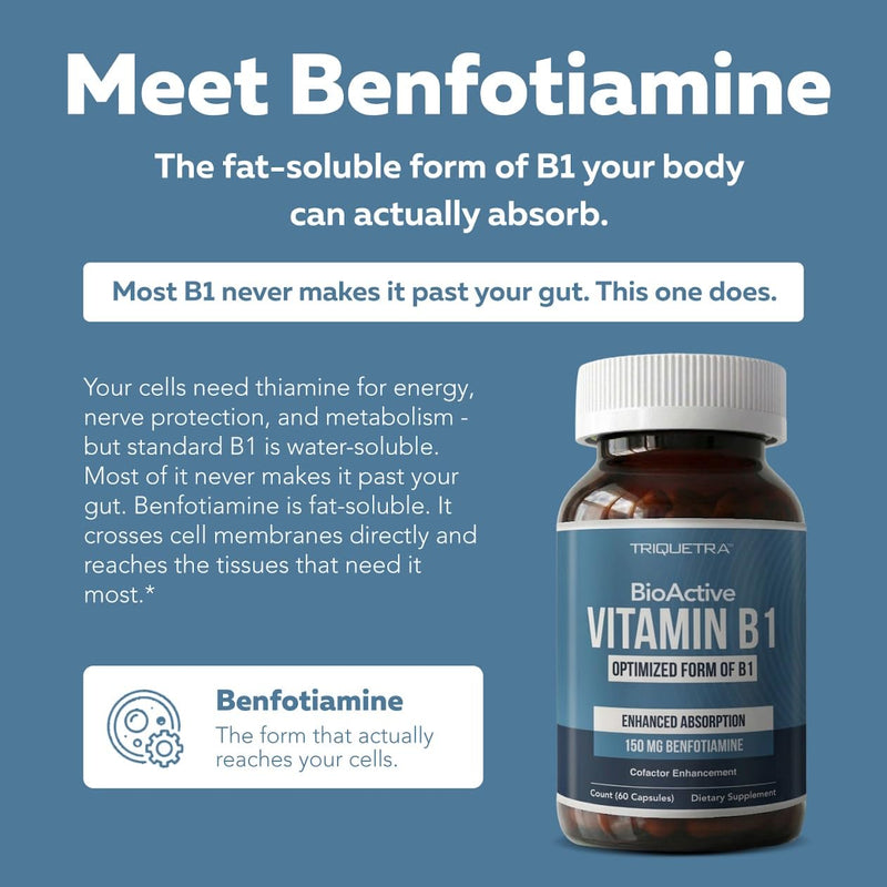 BioActive Vitamin B1 - 150mg Benfotiamine Capsules, Fat-Soluble Thiamine Supplement for Nerve, Energy & Metabolic Support with Magnesium & Alpha-Lipoic Acid - Foundational Strength, Non-GMO (60ct) 150 MG