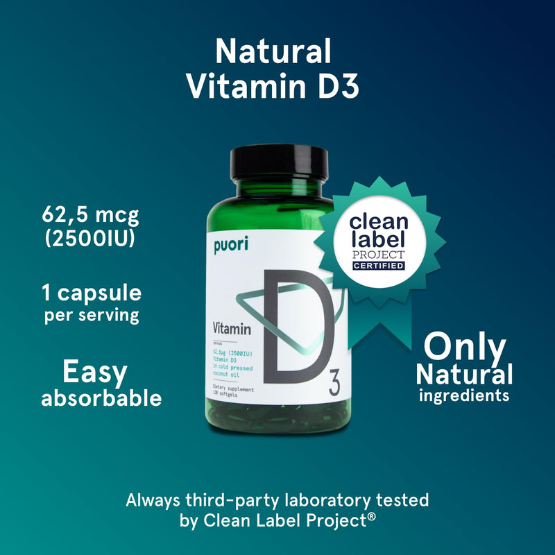 Puori Vitamin D3 Softgels for Adults, 2500 IU (62.5 mcg), 240 Count | Fast Absorbing Supplement Supports Immune System, Bone Health, Density & Muscle Recovery - Non-GMO & Gluten-Free