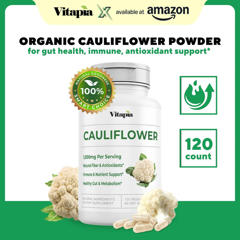 Organic Cauliflower Superfood Veggies Powder Supplement - Natural Sulforaphane, Vitamins, Minerals for Digestion, Energy, Antioxidant Support - 120 Vegetable Capsules, Non-GMO, Gluten-Free Cauliflower 120 Capsules