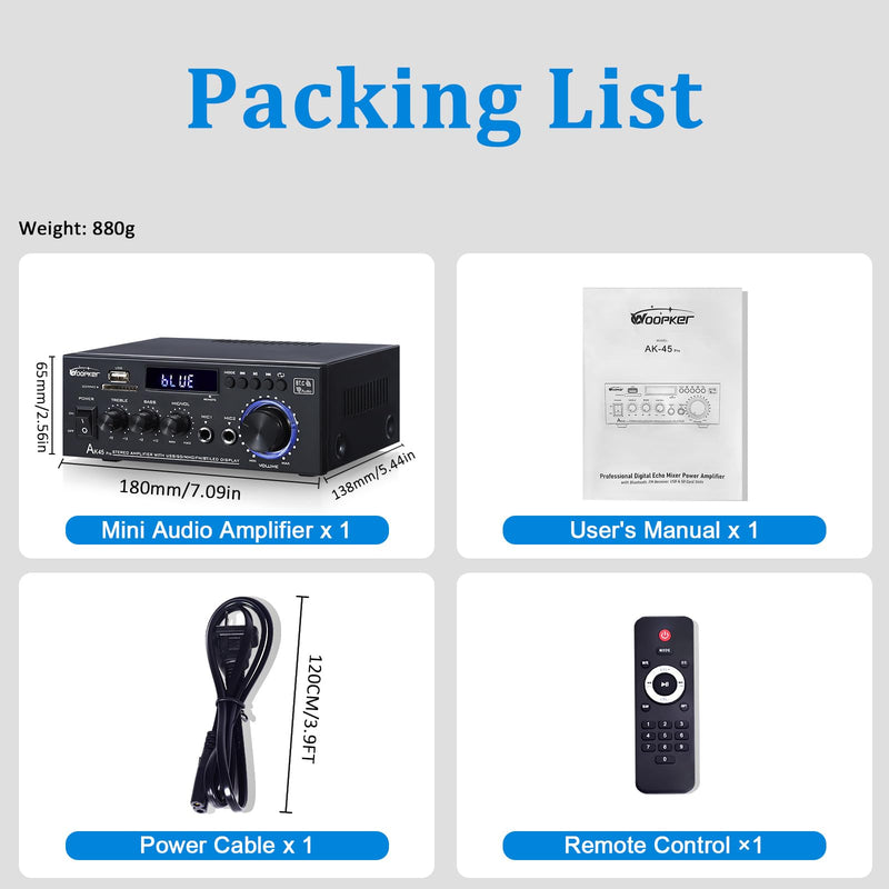 WOOPKER AK45Pro Stereo Audio Amplifier,400W 2Channel Bluetooth 5.0