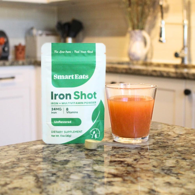 Smart Eats Iron Shot: 2-in-1 Iron-Multivitamin Blend | Highly Absorbed | Avoid Side Effects | 24mg Ferrous Glycinate | Vitamins B12, C, D, More | Boost Hemoglobin, Ferritin | Unflavored | 30 Scoops