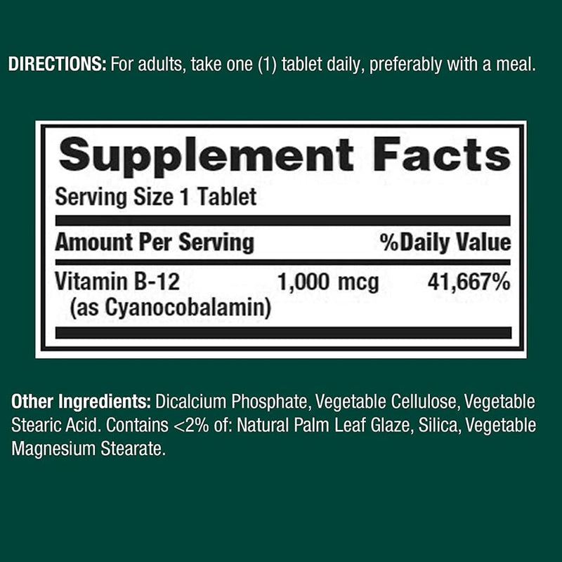 Nature's Bounty Natural Vitamin B12, 1000mcg, 100 Tablets (Pack of 2) 100 Count (Pack of 2)