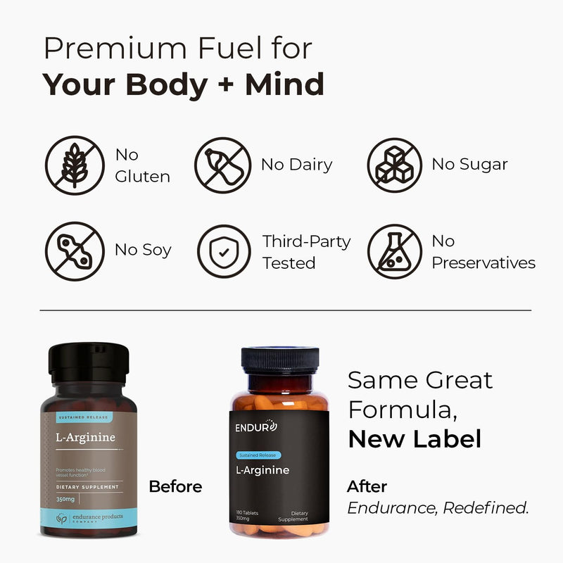 Endurance Products ENDUR - L-Arginine - 350 mg - Blood Flow & Heart Function Support - High-Potency - Supports Nitric Oxide Production for Overall Blood Flow & Vascular Health - 180 Tablets