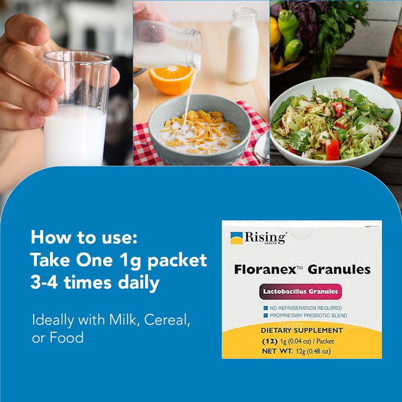 Rising Health Floranex™ Lactobacillus Probiotic Dietary Supplement Granules for Digestive & Gut Health, Daily Probiotic Support - 12 Packets Floranex Granules